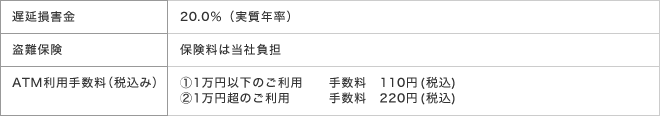 遅延損害金 - 20.0%(実質年率) / 盗難保険 - 保険料は当社負担 / ATM利用手数料(税込み) - (1)1万円以下のご利用　手数料　105円　(2)1万円超のご利用　手数料　210円