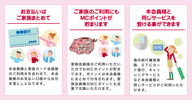 お支払いはご家族まとめて - ご家族のご利用にもMCポイントが貯まります - 本会員様と同じサービスを受ける事ができます